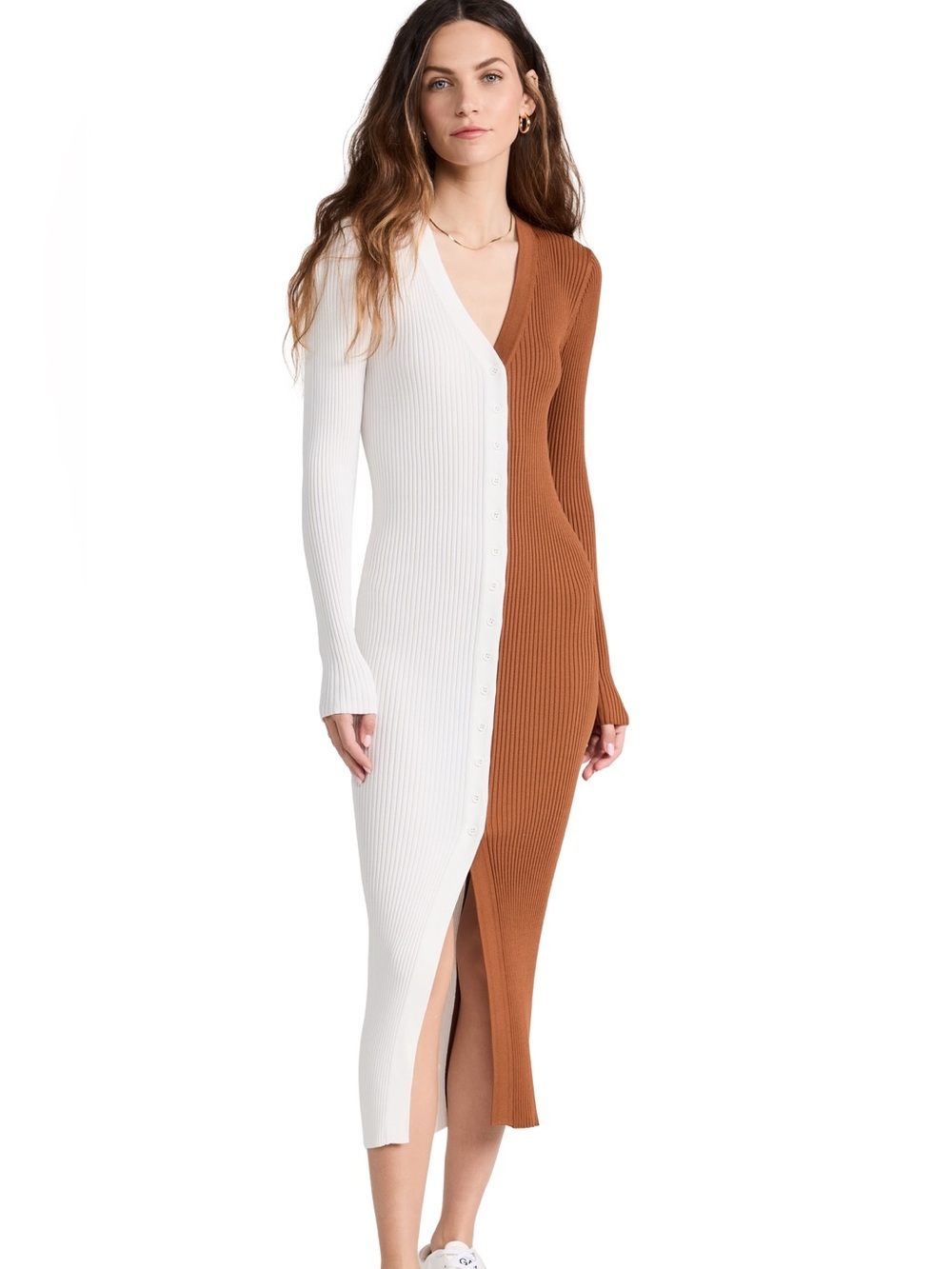 STAUD Shoko Sweater Dress Cream Tan Colorblock Ribbed Midi Cardigan M